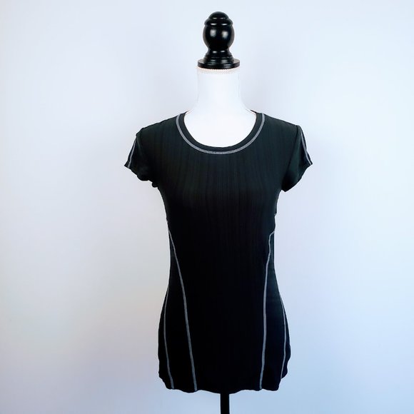 ATHLETA Tee Top, Black Polyester Short Cap Sleeve Stretchy Running Yoga, XS - Picture 2 of 12